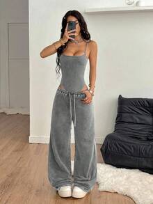 Coolane 女士夏季演唱会服装街头服饰 Y2K 简约休闲脏洗无袖紧身衣和宽松低腰裤两件套服装 - 深灰色 - 查看 5
