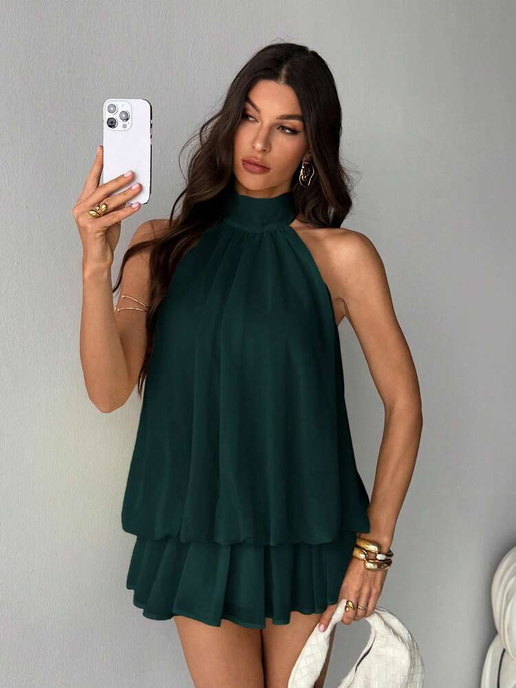 SHEIN Tall Women's Elegant Sexy Dark Green Halter Neck Tie Mini Dress, Party Night Out, Date Outfit, Suitable For Autumn/Winter, Suitable For Spring/Summer - Dark Green - View 7