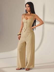 SHEIN PETITE Women's Linen-Blend Two-Piece Set – Buttoned Vest Top Wide-Leg Pants Solid Color Single-Breasted And Summer Spring Valentine's Day Party Office Beige - Beige - View 6