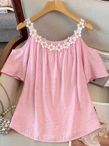 Elenzga Plus Size Round Neck Patchwork Lace Collar Cold Shoulder Short Sleeve Meteor Pleated Texture Pink Blouse Brunch Formal Summer Elegant Autumn - Pink - View 3
