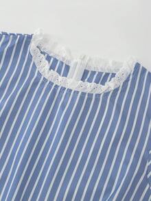 Franclia 女款法式優雅藍白條紋無袖圓領洋裝，附抓褶與蕾絲飾邊，適合日常穿著、通勤、度假 - 藍色 - 查看 5