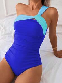 Costavie Women's Colorblock One-Shoulder One-Piece Swimsuit For Beach Vacation - Royal Blue - View 4