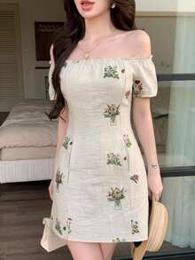 Joudiya 夏季花卉刺繡露肩女款短洋裝，適合婚禮宴會舞會、優雅通勤與度假 - 米色 - 查看 3
