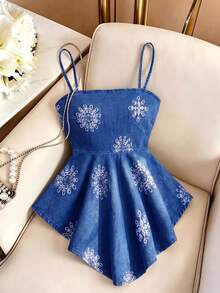 GlowEve Women's Blue And White Asymmetrical Hem Camisole Denim Top Vacation Summer Cute - Blue - View 1