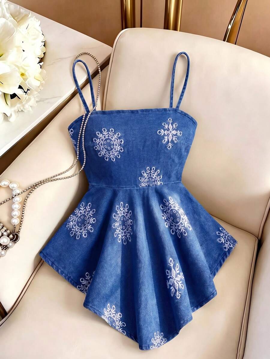 GlowEve Women's Blue And White Asymmetrical Hem Camisole Denim Top Vacation Summer Cute - Blue - View 1