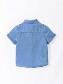 SHEIN Explorewe Denimly West Wild 學院風戶外風男童翻蓋貼袋牛仔水洗藍短袖襯衫 - 中等水洗藍 - 查看 3