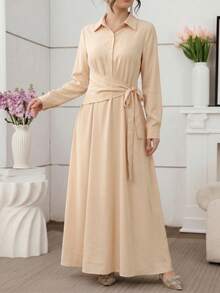 Al Najma Elegant Solid Color Button Side Tie Slim Fit Turkish Maxi Dress & Arabic Traditional Abaya - Apricot - View 5