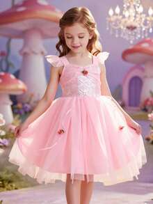 SHEIN Glamorique Kids 女孩公主洋裝，細肩帶搭配荷葉袖，粉色薄紗公主長裙，亮片，舞會禮服，優雅正式洋裝，畢業禮服，夏季洋裝 - 粉色 - 查看 10