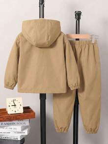 SHEIN 小男孩春秋休閒連帽外套與長褲套裝 - 卡其色 - 查看 2