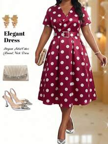Fleurora Plus Size Women's V-Neck Burgundy Pleated 1920s Traditional 90s 1950s Vintage Elegant Evening Wedding Guest Cocktail Party Formal Tea Dress Summer - Burgundy - View 2