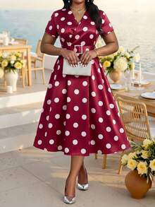 Fleurora Plus Size Women's V-Neck Burgundy Pleated 1920s Traditional 90s 1950s Vintage Elegant Evening Wedding Guest Cocktail Party Formal Tea Dress Summer - Burgundy - View 4