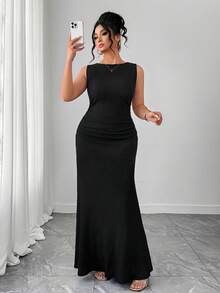 SHEIN Clasi Women's Elegant Formal Dress, Sleeveless Round Neck A-Line Silhouette, Ruched Waist Design, Solid Color Knit Fabric Cocktail Black Summer Evening - Black - View 1