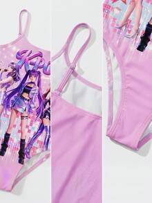 Young Girl Casual Minimalist Cartoon Girl Ombre Print One-Piece Swimsuit, Suitable For Summer - Multicolor - View 4