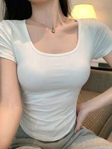 DAZY 女款圓領休閒純色修身T恤 - 白色 - 查看 5