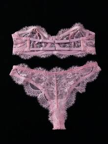 SHEIN 2件套女士蕾丝时尚紧身胸衣性感文胸和内裤内衣套装 - 粉色 - 查看 2