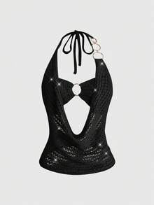 ROMWE Y2K Women's Sexy Hot Girl Halloween Style Halter Neck Hollow Out Tie Knit Top Club Holiday Night Black Summer - Black - View 1