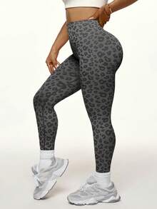 SHEIN Dewbera Plus Size Women's Leopard Print Casual Versatile Daily Wear Sports Tight Leggings - Black - View 3