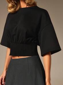 COSMINA Camiseta de mujer de verano casual de unicolor con cintura ceñida - Negro - Ver 5