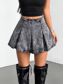 SHEIN PETITE Fashion Casual Women's Denim Pleated Mini Skirt Skort - Grey - View 3