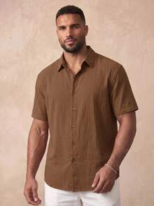 COMVAIL Plus Size Men's Woven Single-Breasted Casual Short Sleeve Shirt, Suitable For Commuting And Daily Wear - Brown - View 1