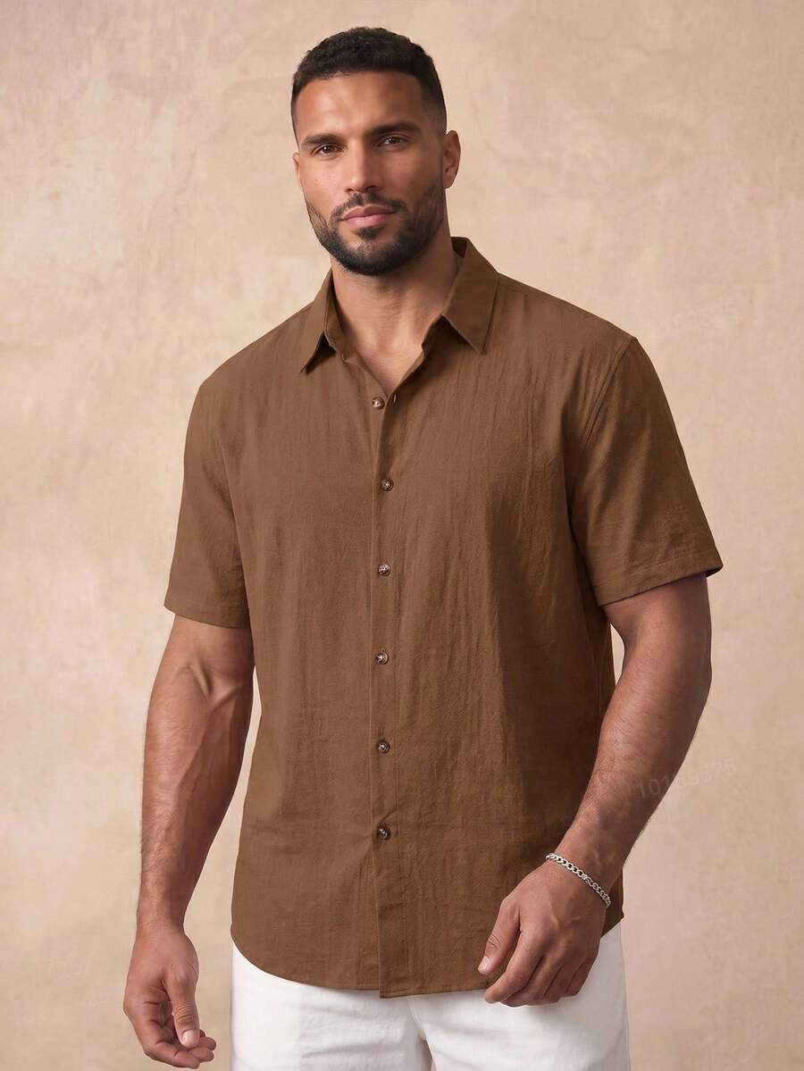 COMVAIL Plus Size Men's Woven Single-Breasted Casual Short Sleeve Shirt, Suitable For Commuting And Daily Wear - Brown - View 1