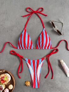 Swim Vcay 女款 2 件式熱帶可愛性感印花掛脖綁帶三角比基尼套裝，側綁比基尼褲，金屬圓形裝飾，海灘度假休閒優雅情人節派對比基尼套裝 - 彩色 - 查看 3