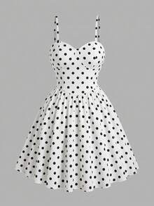 Sweetra Solid Color Spaghetti Strap Cinched Waist Romantic Mini Dress - Black and White - View 1