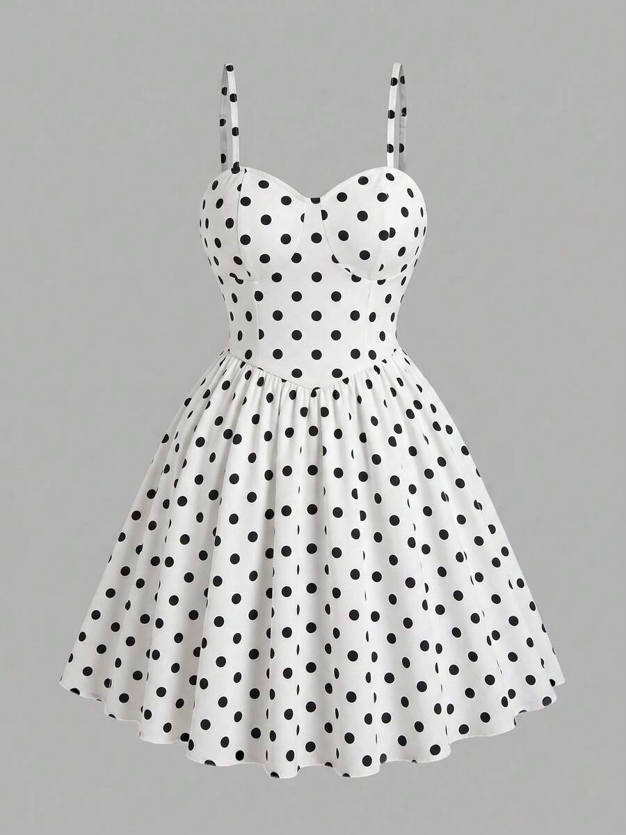 Sweetra Solid Color Spaghetti Strap Cinched Waist Romantic Mini Dress - Black and White - View 1