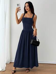 SHEIN PETITE Women's Elegant Solid Color Navy Blue Square Collar Flared Dress, Spring/Summer Date Night - Navy Blue - View 9