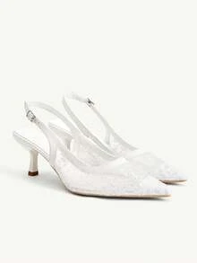 CUCCOO CHICEST 女款春夏新款法式蕾絲刺繡尖頭多色後扣婚禮鞋伴娘鞋 日常通勤約會透氣顯瘦優雅 - 白色A - 查看 1