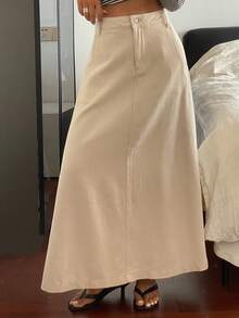 Livesso 女款春夏秋寬鬆休閒A字白色長版牛仔裙 - 白色 - 查看 4