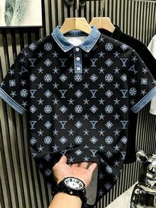Manfinity Hypemode 美式復古仿丹寧星形字母字母印花 Polo 衫，奢華做舊仿丹寧襯衫，男女款圖案 T 恤，夏季旅行休閒度假短袖上衣 - 彩色 - 查看 3
