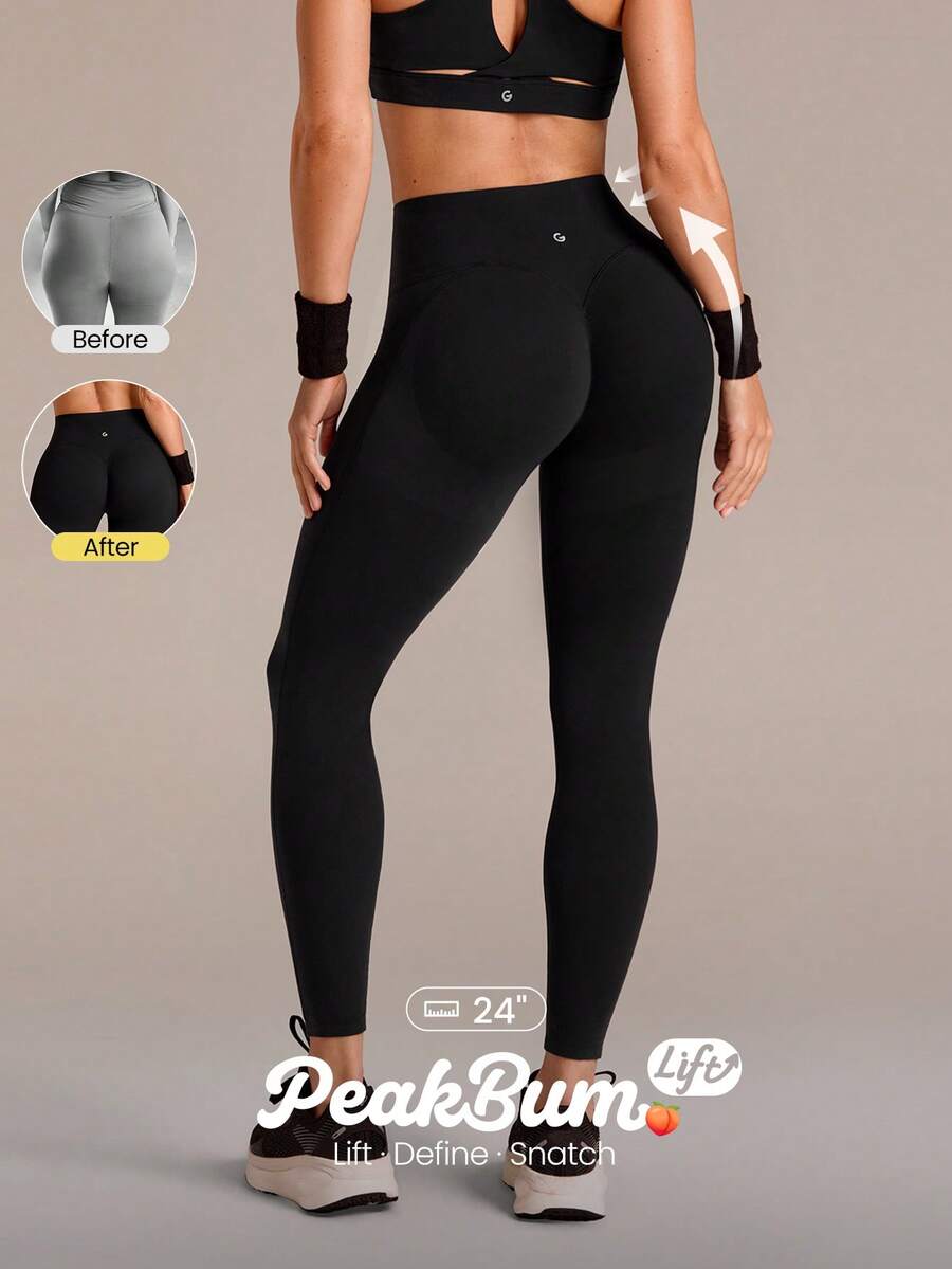GLOWMODE 24英寸 FeatherFit™-Sculpt 塑形紧身裤,提臀收腹,侧边口袋,塑形缝线,PeakBum 臀部塑形,中等强度训练跑步健身运动服 - 黑色 - 查看 1