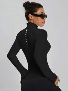Nuvra Women's Solid Color Long Sleeve Zip-Up Fitted Sports Jacket - Black - View 3