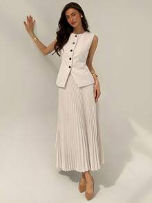 Aloruh Women's Elegant Commuter Solid Color Vest & Pleated Skirt Suit In Fall/Winter - Beige - View 6