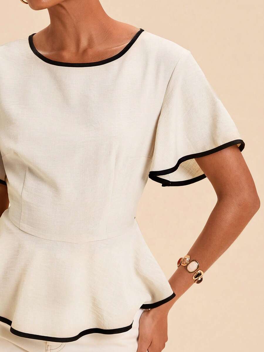 Travachic Summer Women's Round Neck Patchwork Contrast Color Waist-Cinched Tie-Up Woven Top Teachers' Day Brunch Black And White Elegant French - Apricot - View 1
