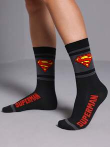 SUPERMAN X SHEIN 2雙裝男士菱形字母圖案中筒襪 - 混色 - 查看 5