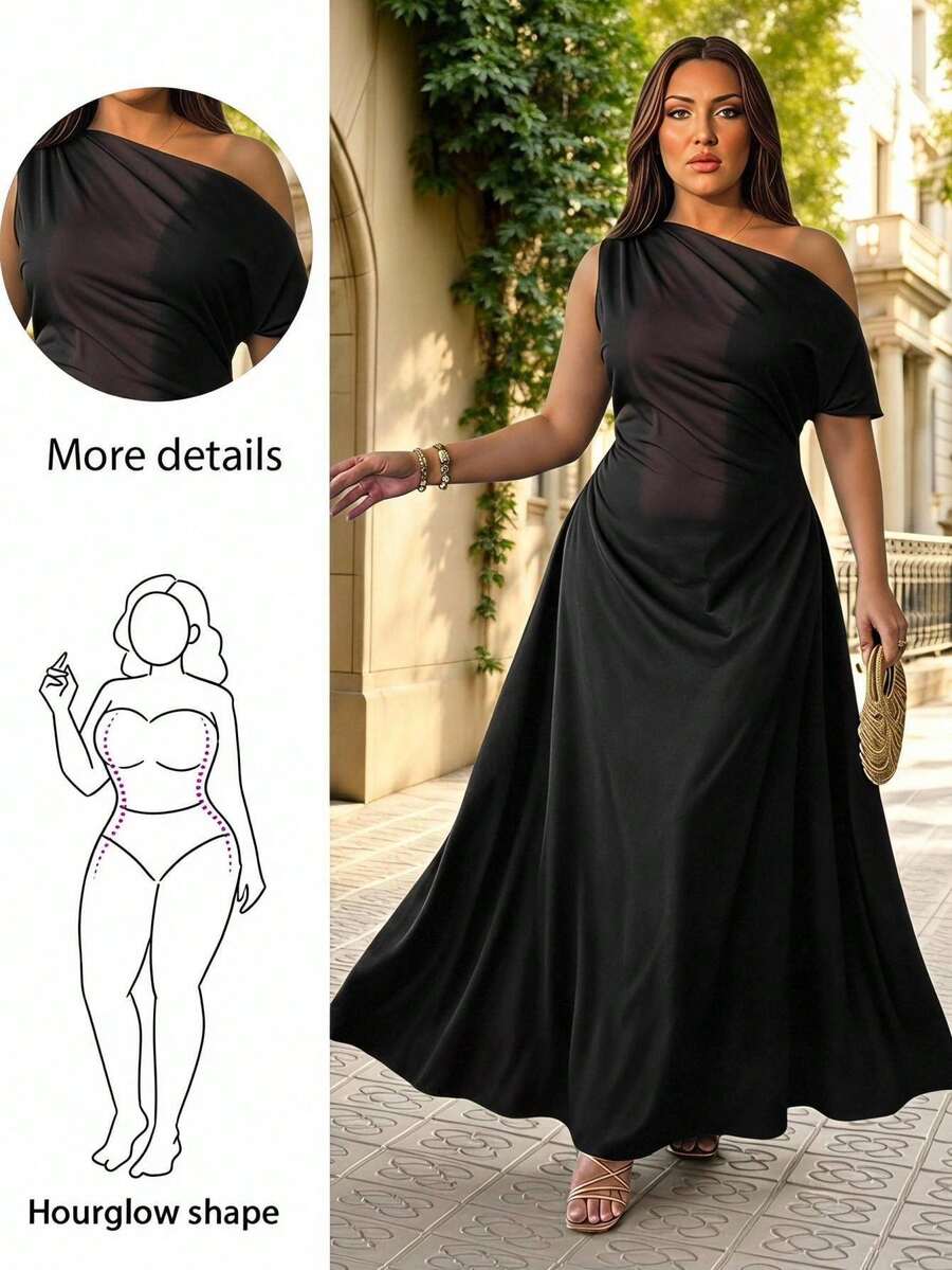 Hourglow Plus Size Elegant Curve Asymmetrical Shoulder Waist-Defining Solid Color Minimalist Maxi Dress Cocktail Black Summer, For Hourglass Body Shape - Black - View 1