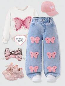 Genkimix Kids Jeans en denim à jambe droite ample pour filles, denim bleu clair délavé, décoré de nœuds en broderie de serviette rose avec des accents de perles au centre, convient pour toutes les saisons, peut être associé à des t-shirts, des sweats-shirts ou des tricots, idéal pour l'école quotidienne, les sorties au parc ou les réunions familiales et autres occasions décontractées - Jean clair - Voir 3