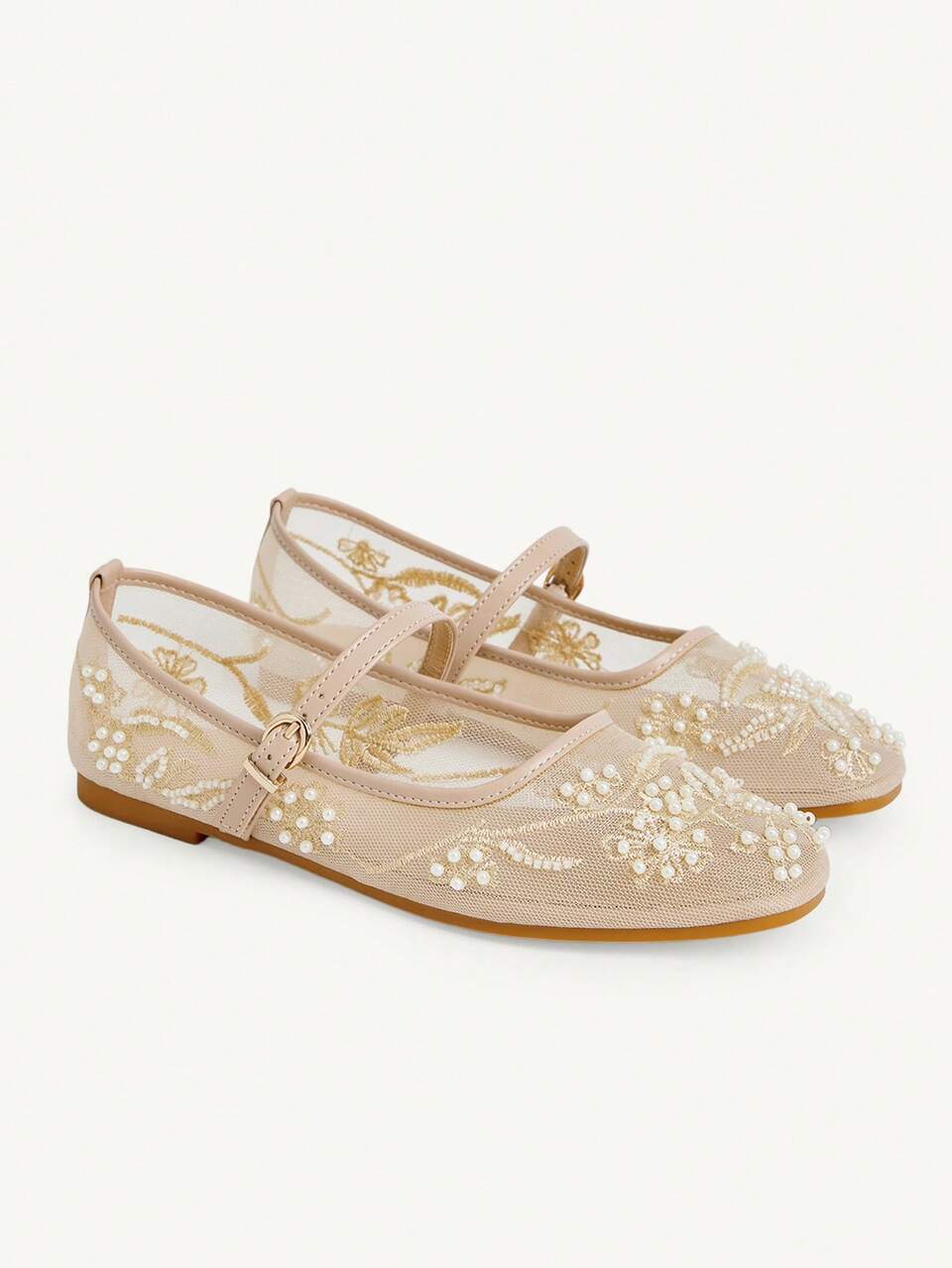 CUCCOO CHICEST New Round Toe Flat Bottom Apricot Mesh Embroidery Sewing Beads Women's Flat Bottom Shoes Fashion Elegant Comfortable Gorgeous Wedding Banquet