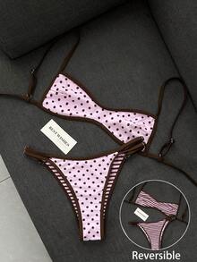 Swim Mod 女款海灘裝復古圓點印花條紋印花可正反穿著微型比基尼抹胸式時尚休閒度假性感甜美可愛復古優雅泳衣兩件套 - 彩色 - 查看 3