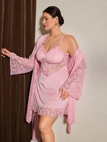 Slumberist Plus Size Women's Light Pink Lace Patchwork Shiny Satin Nightgown Mid-Length Robe 2-Piece Set With Waist Tie, Loungewear Night Autumn - Pink - View 1