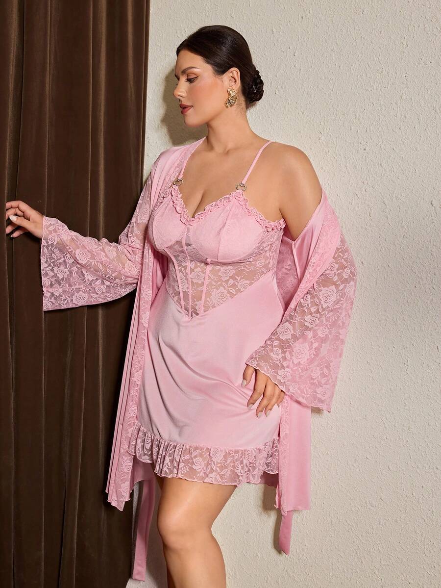 Slumberist Plus Size Women's Light Pink Lace Patchwork Shiny Satin Nightgown Mid-Length Robe 2-Piece Set With Waist Tie, Loungewear Night Autumn - Pink - View 1