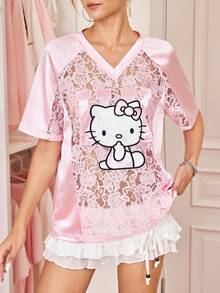 HELLO KITTY AND FRIENDS | SHEIN 女款夏季時尚蕾絲拼接卡通刺繡T恤 日常外穿 粉黑配色 可愛Y2K風格 - 粉色 - 查看 7