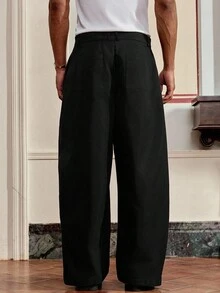 SWAVVY Men's Woven Fashionable Casual Loose Solid Color Pants, Fall - Black - View 2