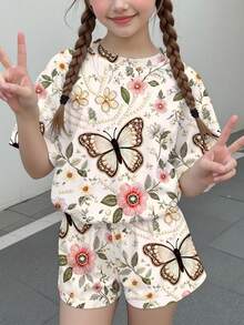 青少年女孩休閒甜美精緻紋理刺繡花卉蝴蝶印花法式圓領短袖T恤寬鬆短褲兩件套，適合春夏度假 - 彩色 - 查看 2