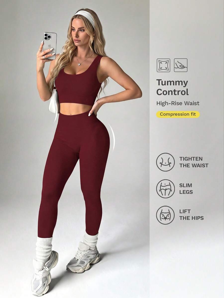 Nuvra Burgundy Women Gym Workout Set,Autumn Athleisure Round Neck Top And Slim Fit Leggings Set,Seamless Quick-Drying Sports Clothes For Chinese New Year - Burgundy - View 1