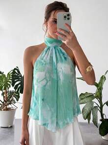 Aloruh 女款掛脖綁帶抓皺休閒百搭日常穿搭上衣 - 綠色 - 查看 3
