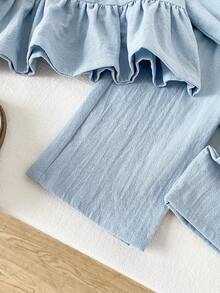 SHEIN Playful Pals 女嬰甜美娃娃刺繡領前扣蝴蝶結寬鬆下擺鬆緊腰直筒長褲長袖套裝 秋季 - 淺藍色 - 查看 6