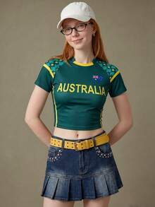 Elnivra 2026年足球世界盃澳洲足球球衣風格女款短版T恤，復古印花足球球迷上衣，澳洲隊支持者，適用於美國–加拿大–墨西哥 - 綠色 - 查看 1